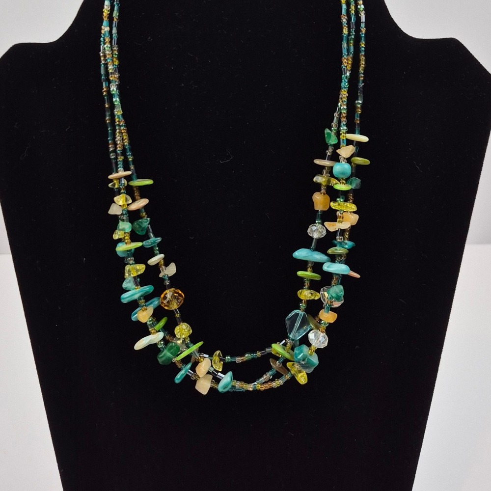 Boho‎ Multi Strand Beaded Necklace 19" Colorful Chips Coastal Beachy Statement